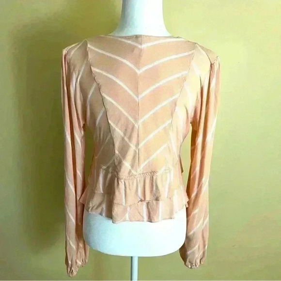 Free People Coral/White Stripe Scoop Neck Button Tiered Crop Peasant Top Size S - Picture 8 of 10